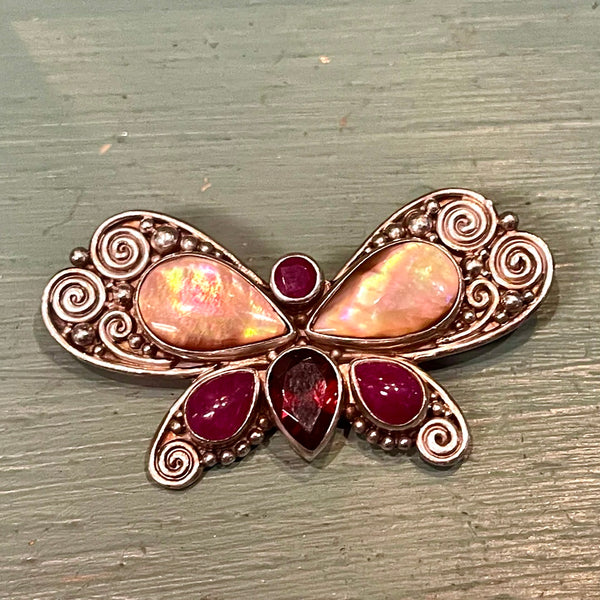 Butterfly Brooch in Ruby, Garnet, Fire Opal, and Black Lip Shell with Sterling Silver by Sajen