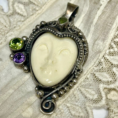 Carved Bone Goddess Face with Peridot and Amethyst Vintage Sterling Silver Pendant by Sajen