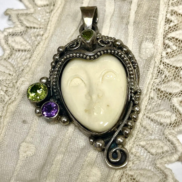 Carved Bone Goddess Face with Peridot and Amethyst Vintage Sterling Silver Pendant by Sajen