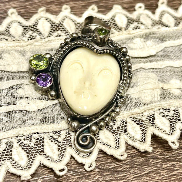 Carved Bone Goddess Face with Peridot and Amethyst Vintage Sterling Silver Pendant by Sajen