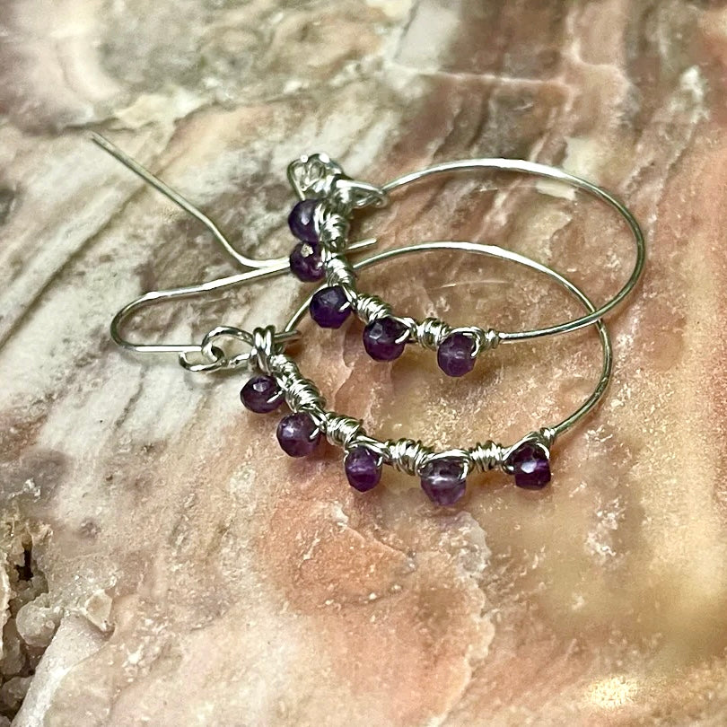 Half Moon Sterling Silver Gemstone Hoop Earrings