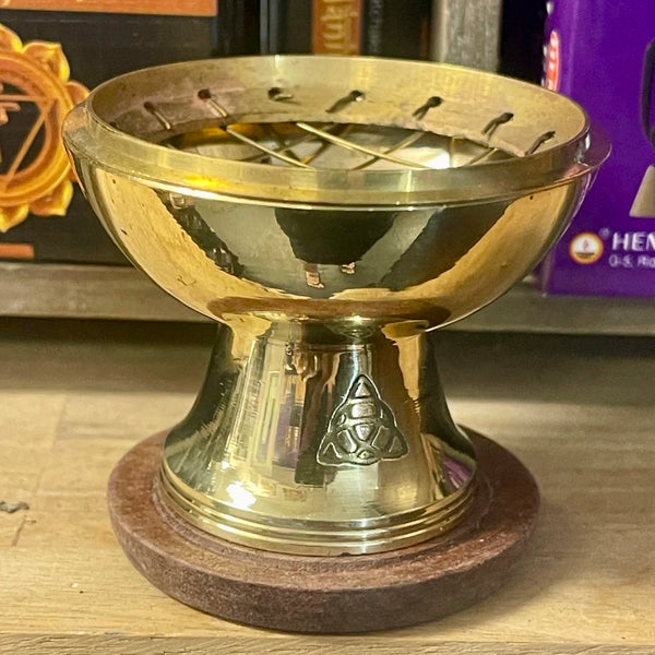 Triquetra Brass Charcoal Incense Burner with Wood Plate