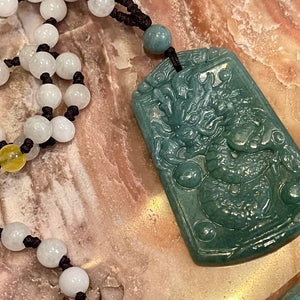 Green Jade Dragon Carved Pendant Necklace with White and Yellow Jade Beads