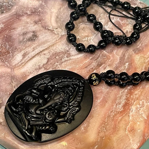 Obsidian Matte Finish Ganesh Pendant Necklace | Adjustable