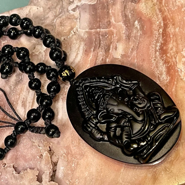 Obsidian Matte Finish Ganesh Pendant Necklace | Adjustable