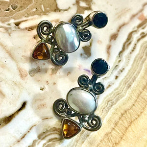 Vintage Sterling Silver, Pearl, Garnet, and Amber Earrings by Sajen