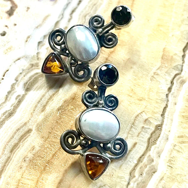 Vintage Sterling Silver, Pearl, Garnet, and Amber Earrings by Sajen