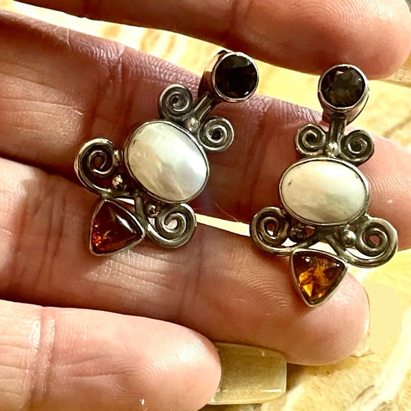 Vintage Sterling Silver, Pearl, Garnet, and Amber Earrings by Sajen