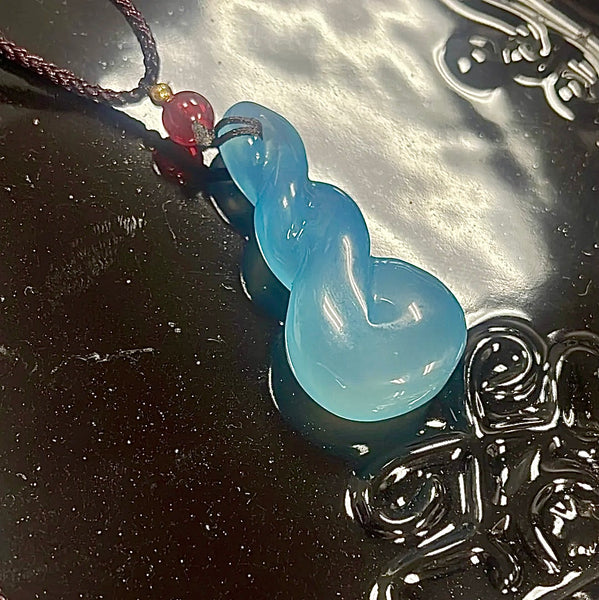 Blue Chalcedony Twist Carved Pendant Cord Necklace