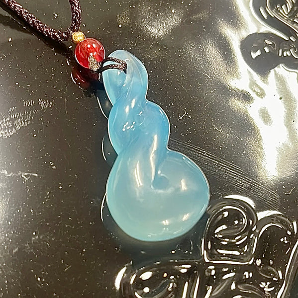 Blue Chalcedony Twist Carved Pendant Cord Necklace