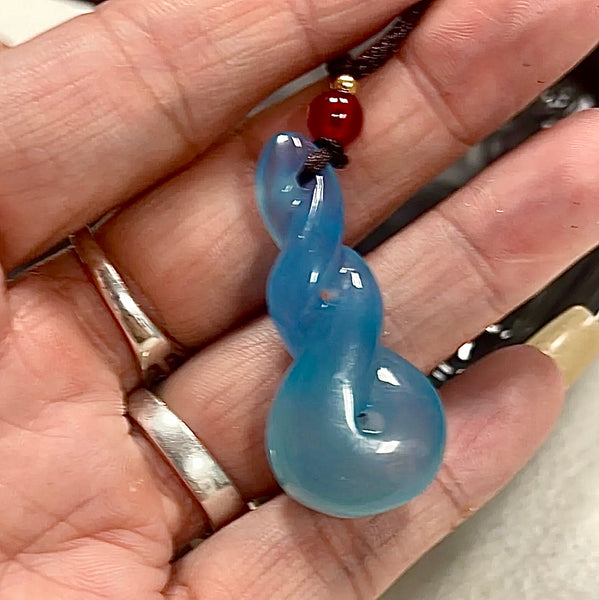 Blue Chalcedony Twist Carved Pendant Cord Necklace