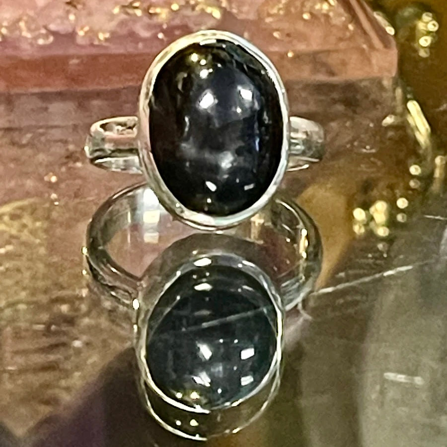 Black Star Sapphire Oval Sterling Silver Ring | Size 9