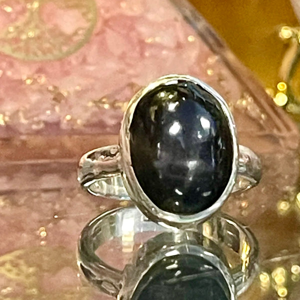 Black Star Sapphire Oval Sterling Silver Ring | Size 9