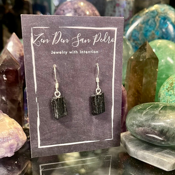 Black Tourmaline Natural Beryl Sterling Silver Dangle Earrings