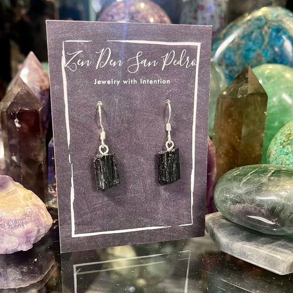 Black Tourmaline Natural Beryl Sterling Silver Dangle Earrings