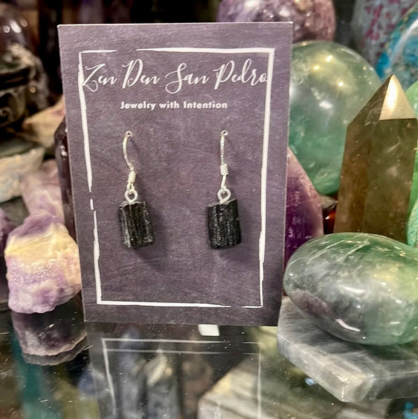 Black Tourmaline Natural Beryl Sterling Silver Dangle Earrings