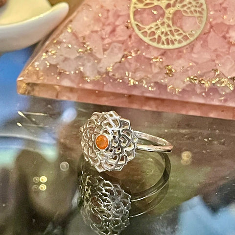 Mexican Fire Opal Mandala Design Sterling Silver Ring | Assorted Sizes