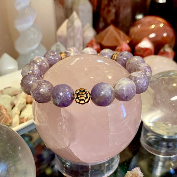 Lepidolite 12mm Beads with Flower Bead Accent Stretch Bracelet