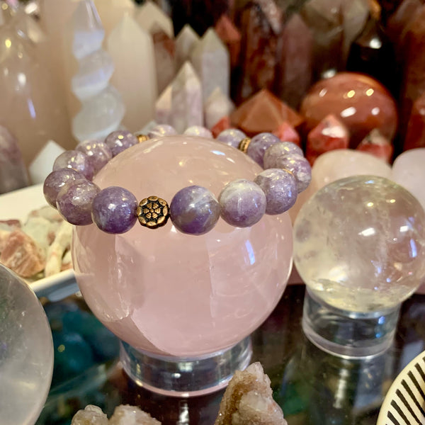 Lepidolite 12mm Beads with Flower Bead Accent Stretch Bracelet