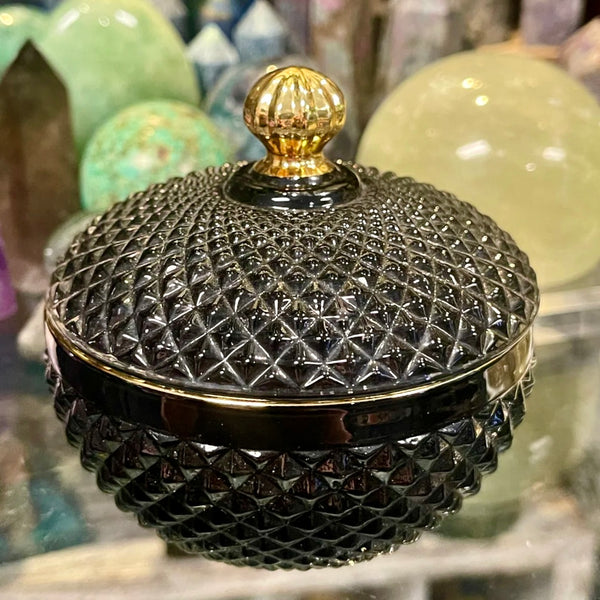 Golden Santal Victorian Black Glass Candle | 6 oz