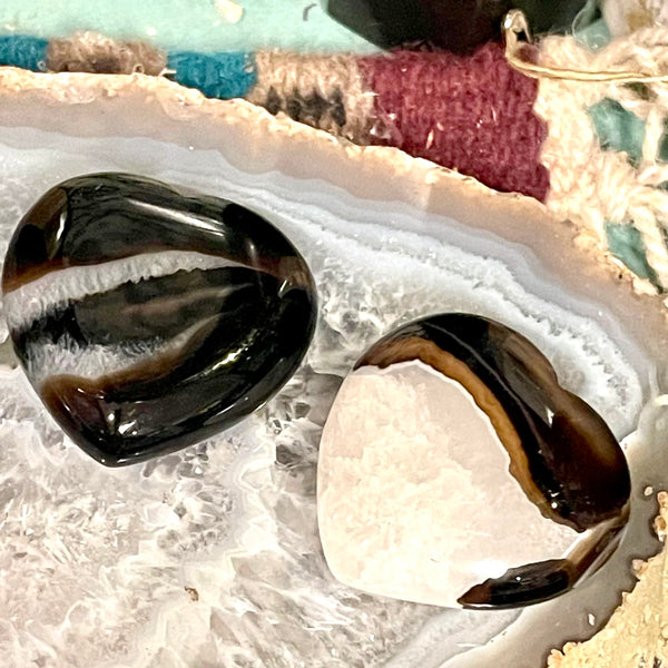 Banded Black Agate with Quartz Carved Heart 1.75 Inch