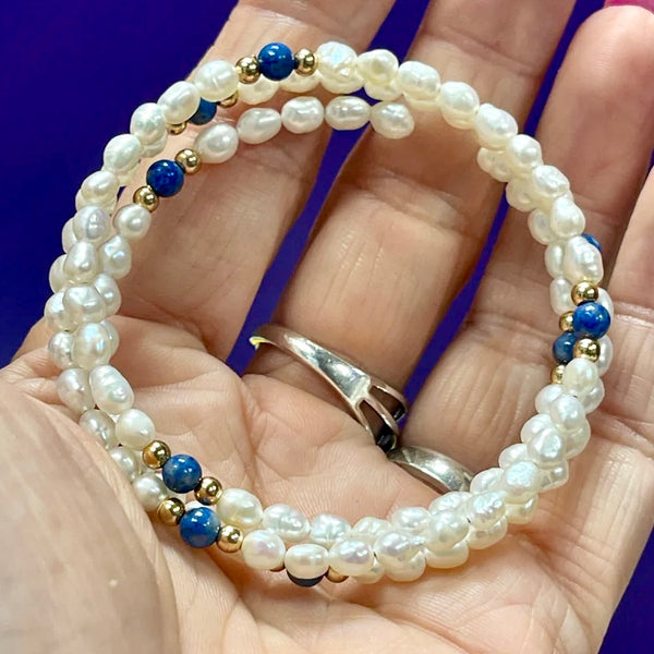 Pearl & Lapis Lazuli Memory Wire Bracelet