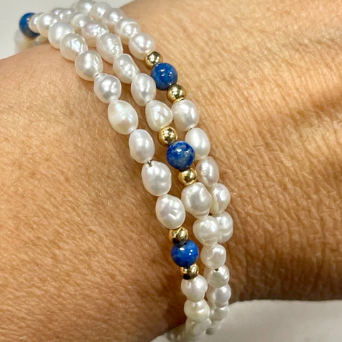 Pearl & Lapis Lazuli Memory Wire Bracelet