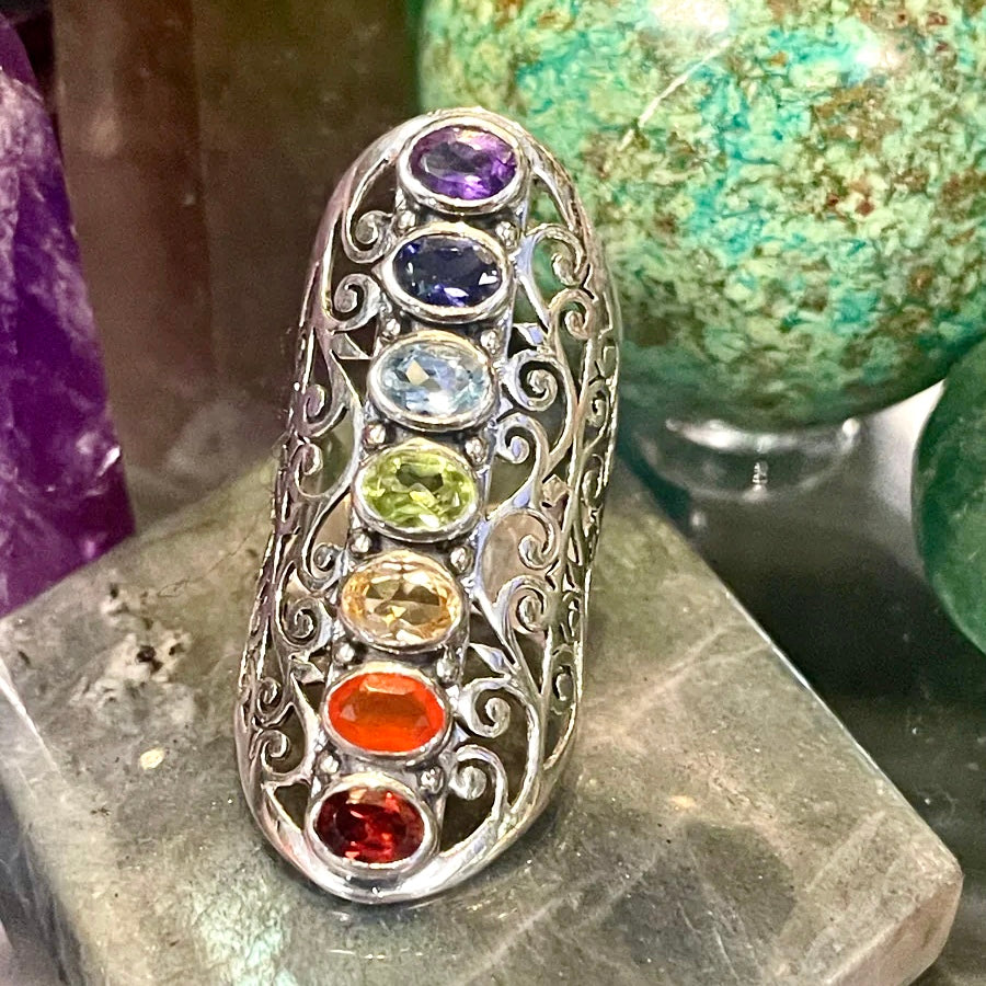 Chakra Seven Stone Filigree Style Sterling Silver Ring | Size 7.5