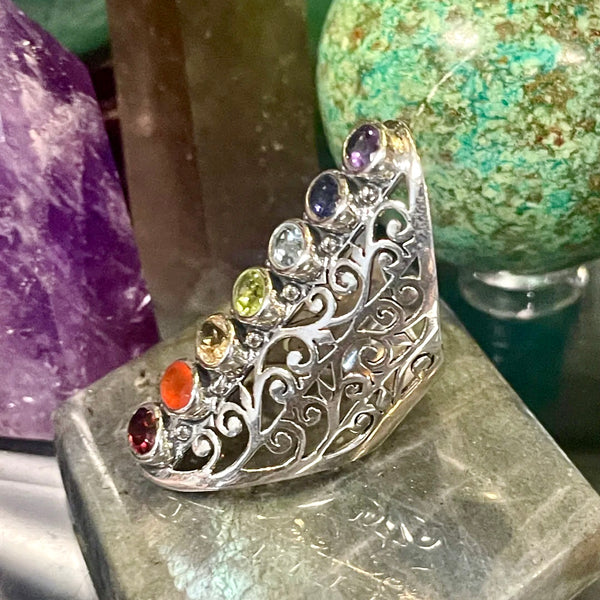 Chakra Seven Stone Filigree Style Sterling Silver Ring | Size 7.5