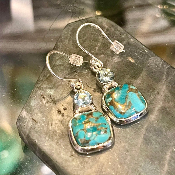 Sterling Silver Blue Copper Turquoise & Aquamarine Earrings