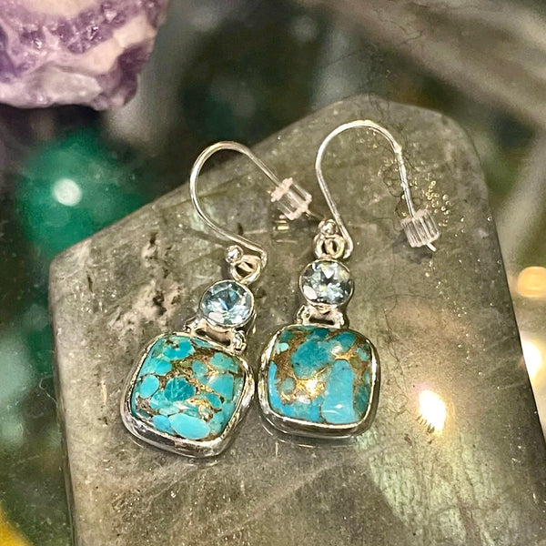 Sterling Silver Blue Copper Turquoise & Aquamarine Earrings