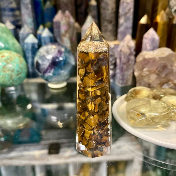 Orgone Generator Tower with Tigers Eye, Copper and Gold | 3.5 inch