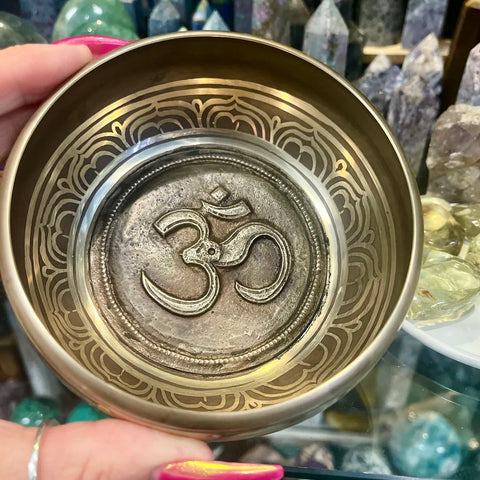 Tibetan Singing Bowl in Bronze with Ohm Mantra Design | 4.5 inch | Note D | Sacral Chakra