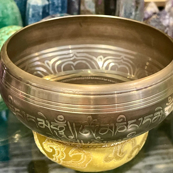 Tibetan Singing Bowl in Bronze with Ohm Mantra Design | 4.5 inch | Note D | Sacral Chakra