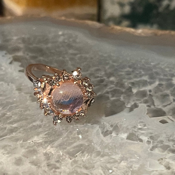 Crystal and Cubic Zirconia Sunburst Gazing Ring with Rose Gold Finish