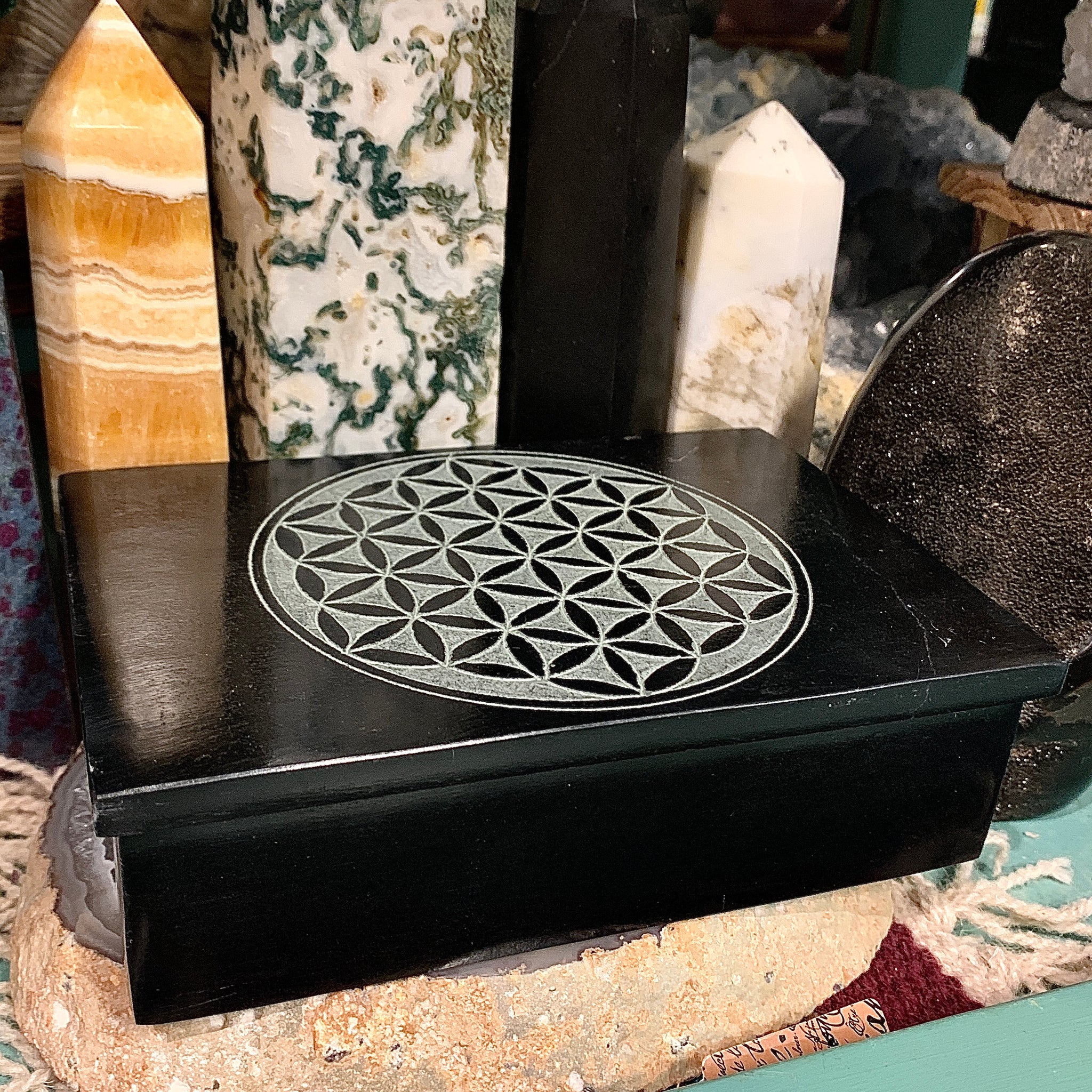 Flower of Life Carved Soapstone Box 4 x 6 Inch