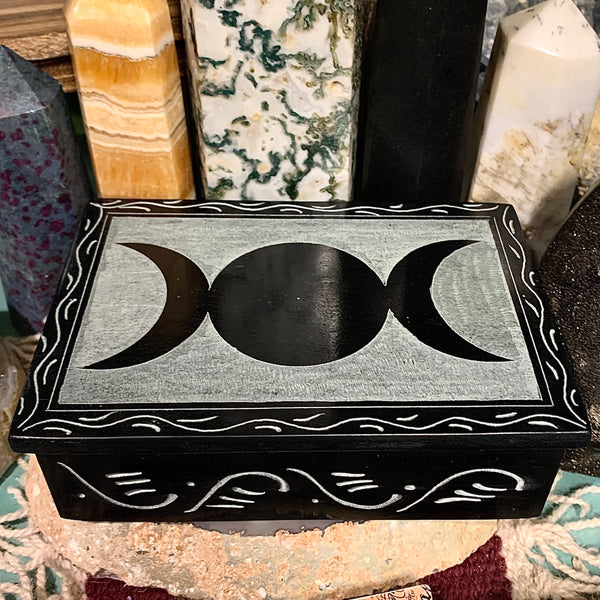 Triple Moon Carved Soapstone Box 4 x 6 Inches