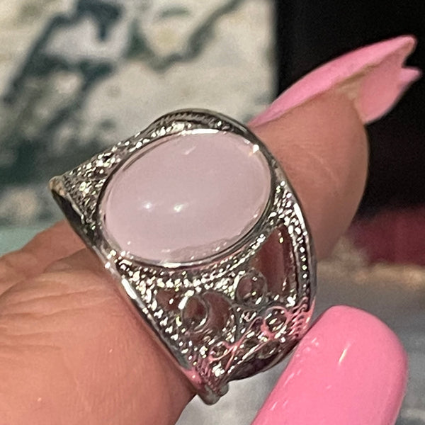 Rose Quartz in Ornate Silver Wide Band Ring