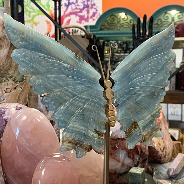 Blue Onyx Carved Wing Set with Stand