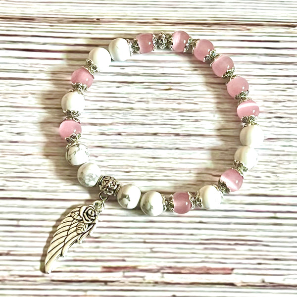 "Guardian Angel" Pink Cat Eye & White Turquoise Bracelet