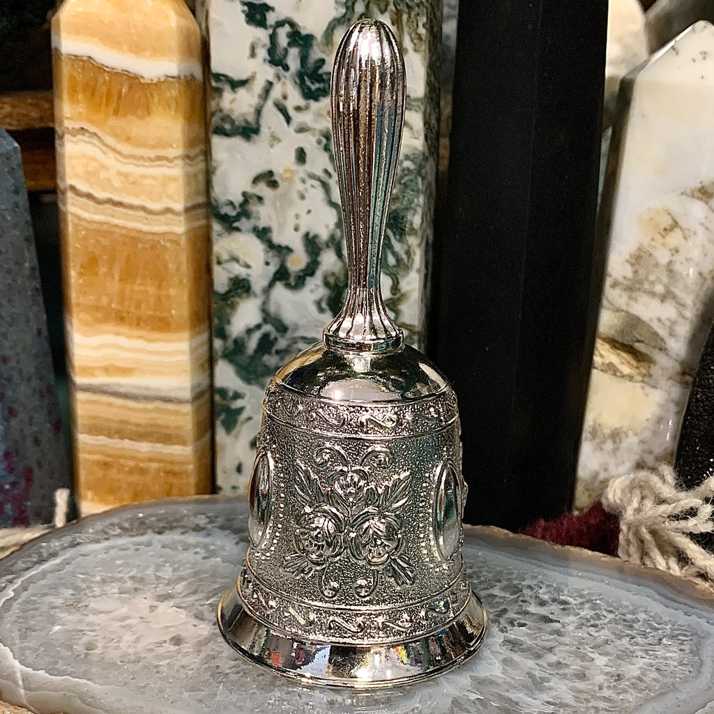 A large Altar Bell with 4 bells, silver-plated metal. (H:23 x D:20