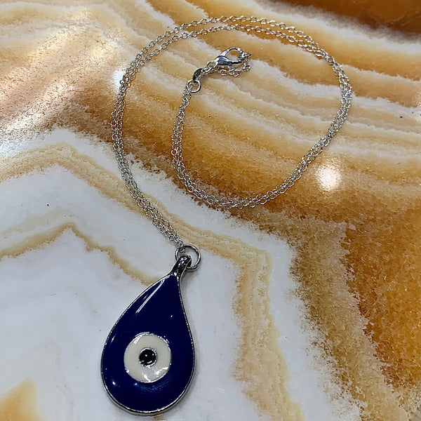 Silver Plated Blue Evil Eye Teardrop 20 Inch Necklace