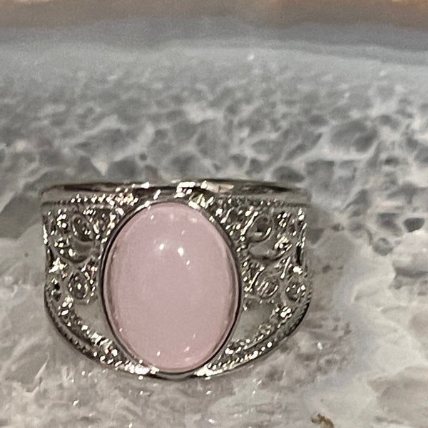 Rose Quartz in Ornate Silver Wide Band Ring