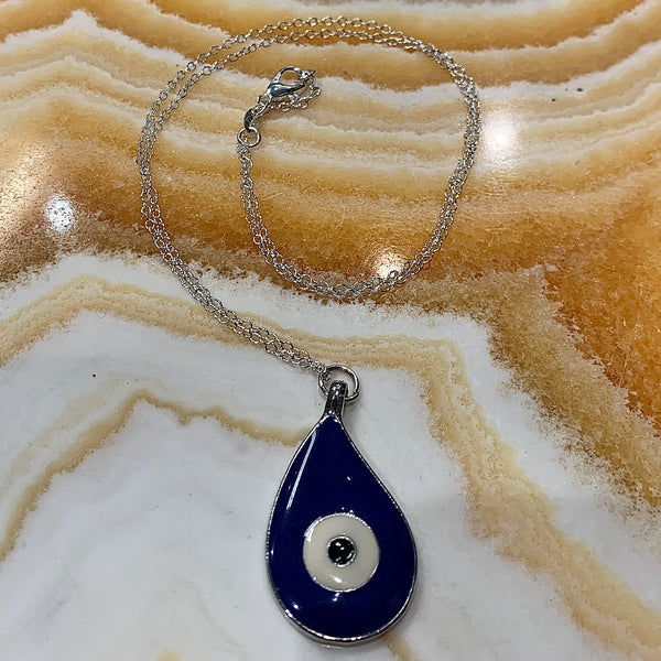 Silver Plated Blue Evil Eye Teardrop 20 Inch Necklace