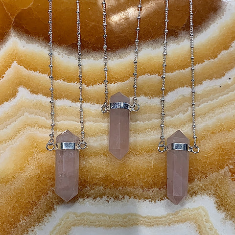 Silver Terminated Rose Quartz Pendant Necklace