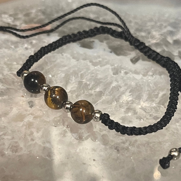 Three Bead Tiger Eye Black Macrame Closure Bracelet