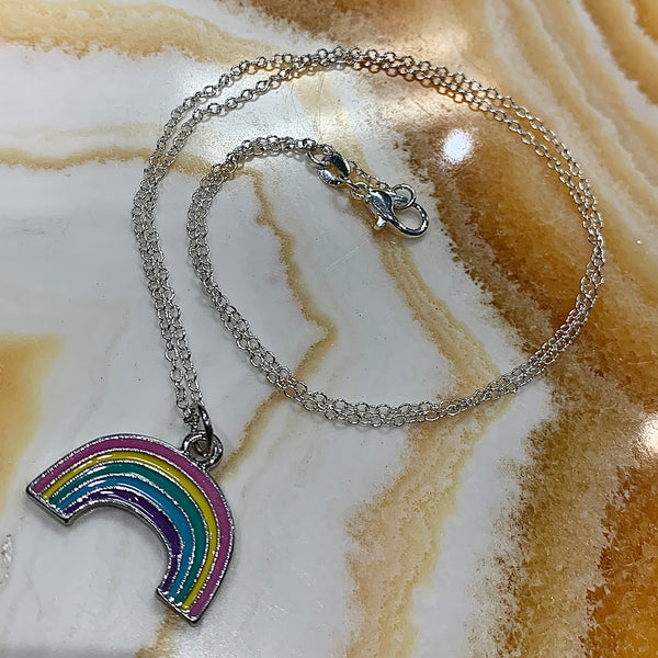 Silver Plated Pastel Rainbow Pendant 20 Inch Necklace