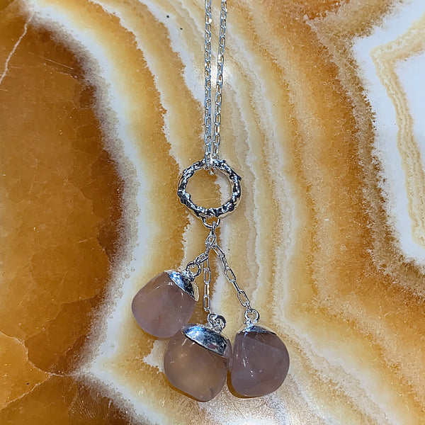 Three Stone Rose Quartz Silver Necklace