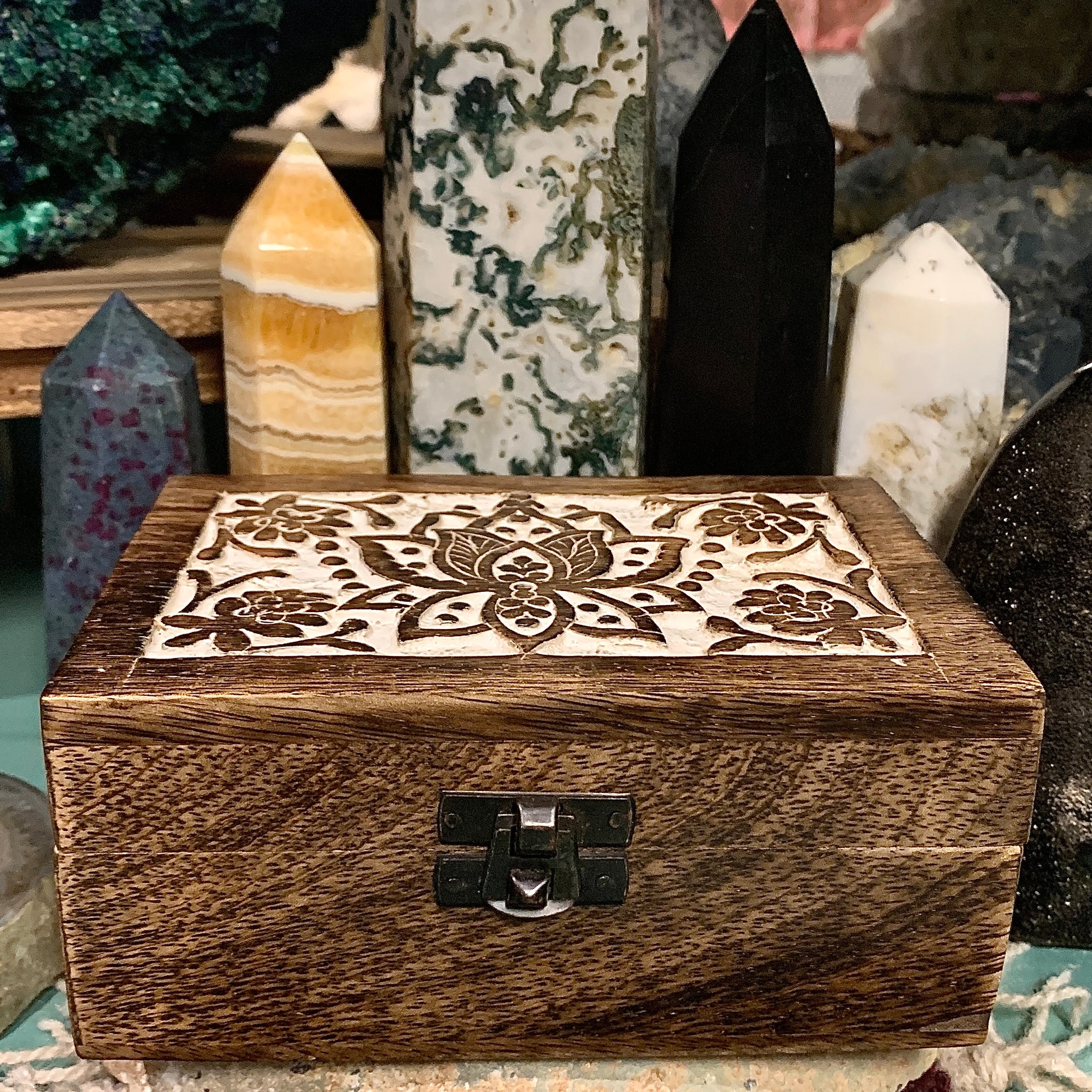 Lotus Designed Carved Wood Box 4 x 6 Inch