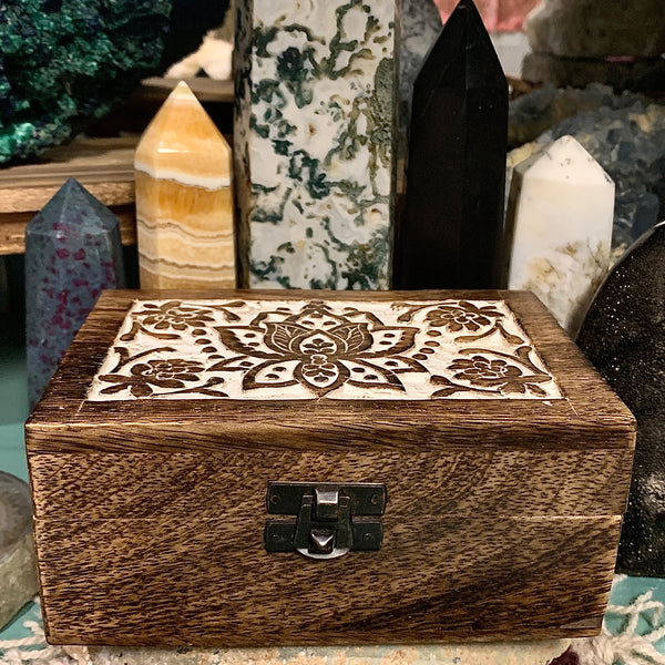 Lotus Designed Carved Wood Box 4 x 6 Inch